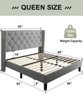 Super Solid Queen Bed Frame With Upholstered Wingback Headboard And Heavy Duty Wooden Slats Support, Noise Free Platform Bed With No Sweat Setup And Darn Good Build Quality, Light Gray dimensions and weight capacity.