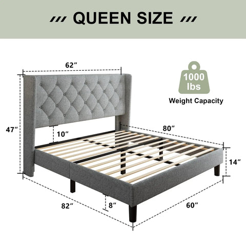 Super Solid Queen Bed Frame With Upholstered Wingback Headboard And Heavy Duty Wooden Slats Support, Noise Free Platform Bed With No Sweat Setup And Darn Good Build Quality, Light Gray dimensions and weight capacity.