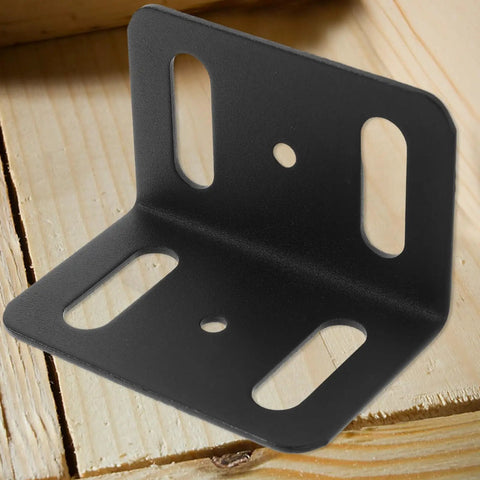Beefy Heavy Duty L Shape Iron Corner Bracket Set 4 Pieces Right Angle Shelf Braces on wooden surface close-up
