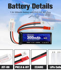 7.4V 2S 60C Burst 120C 300mAh LiPo Battery with JST and PH2.0 Plugs for SCX24 RC Cars, WLtoys RC Trucks, Airplanes