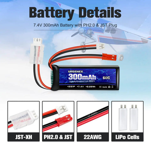 7.4V 2S 60C Burst 120C 300mAh LiPo Battery with JST and PH2.0 Plugs for SCX24 RC Cars, WLtoys RC Trucks, Airplanes