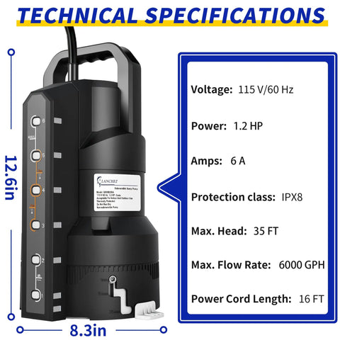 Technical specifications of Rock Solid Automatic Sump Pump With Heavy Duty Motor 1.2HP, 6000 GPH for flooded areas.