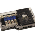 4 Way Mini ANL Fused Car Audio Power Distribution Block With Ground Block Each Block Accepts 0, 2, Or 4 Gauge In And 4 Or 8 Gauge Out Digital LED Voltage Display Includes clear cover and four blue fuse holders