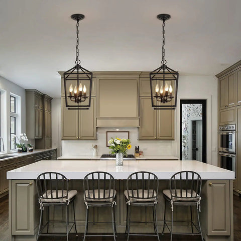 Four Light Black Farmhouse Pendant Lantern Cage Hanging Light Fixture Industrial Rustic Geometric Kitchen Island Lighting