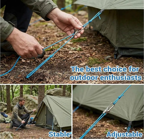 6 Pack Rope With Roller Tensioner For Quick Tarp Setup and Outdoor Tie Downs Heavy Duty Paracord Adjusters in use camping tent