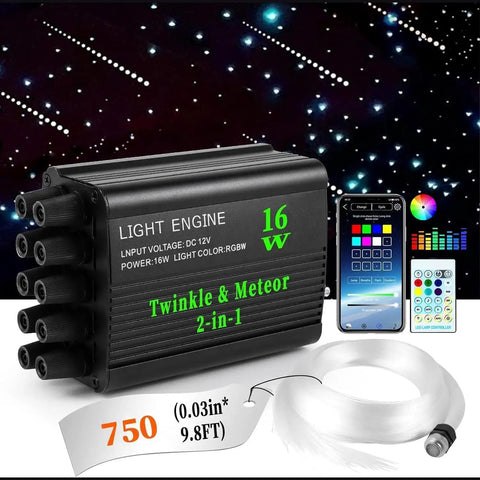 Lit Car Starlight Headliner Kit With 16W RGBW Light Engine, 750 strands, controller, and fiber optic cable display
