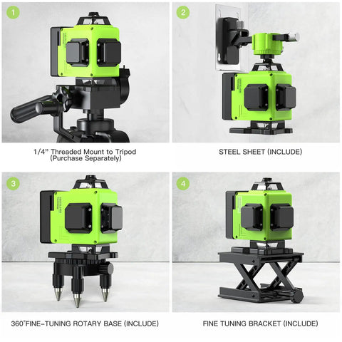 Super Handy Pro DIY 360 Degree Laser Level Self Leveling With Four 360 Degree Green Beams Remote Control And Two Batteries setup