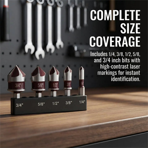 Premium Countersink Drill Bit Set With 82 Degree, Five Flutes, Quick Change Hex Shank, Sizes From One Quarter To Three Quarter Inch