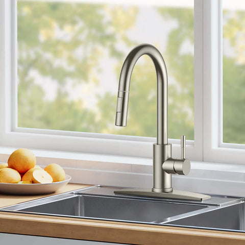 Badass Brushed Nickel Kitchen Faucet With Pull Down Sprayer And Dual Spray Patterns High Arc Gooseneck Design in sink with fresh fruit.