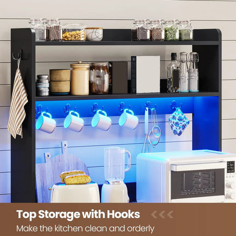 35.4 Inch Coffee Bar Cabinet With Power Outlet And Storage, Boss Level Farmhouse Microwave Stand With LED Lights and Hooks