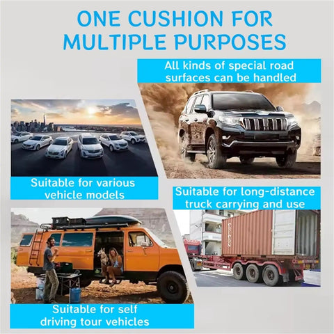 Collage showing various vehicles on diverse terrains, illustrating the versatility of vehicle cushions for different road conditions.