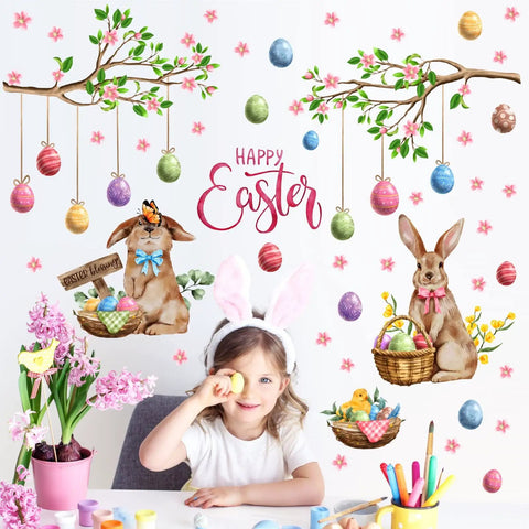 Happy Easter Totally Cute Wall Decals Set With Bunny And Eggs Tree Branch Design Peel And Stick Window Clings For Living Room Bedroom And Nursery Spring Decor Easy Peel And Stick For Quick Home Decor