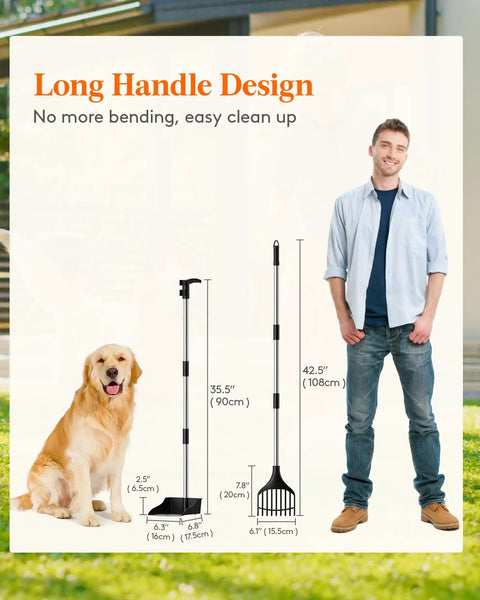 Long Reach Dog Pooper Scooper With Rake And Tray No Bending Cleanup For Medium And Small Dogs shown with dog and man for size comparison