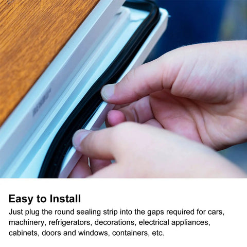 Person installing Tough As Nails EPDM Foam Rubber Seal Strip 4mm X 10 Meters Round Weather Strip in a gap on a door.