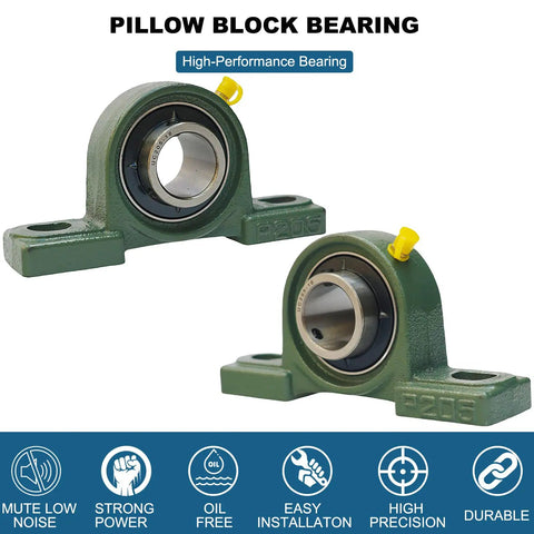 Two Pack Mounted Pillow Block Bearing 1 Inch Bore With Solid Cast Iron Base Self Alignment Includes Screws And Nuts Heavy Duty Industrial Grade Steel Bearings For Long Lasting Machinery shown at a slight angle