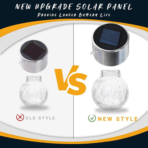 Comparison of old vs new 8 Pack Outdoor Solar Hanging Lights Waterproof Lanterns For Garden Decor Cold White Cracked Glass.