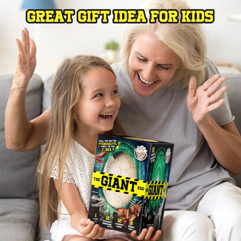 Jumbo Dino Egg Dig Kit With 12 Surprising Dino Toys Hands On STEM Adventure For Kids Aged 5 To 7 includes chisels and brushes held by smiling child and adult