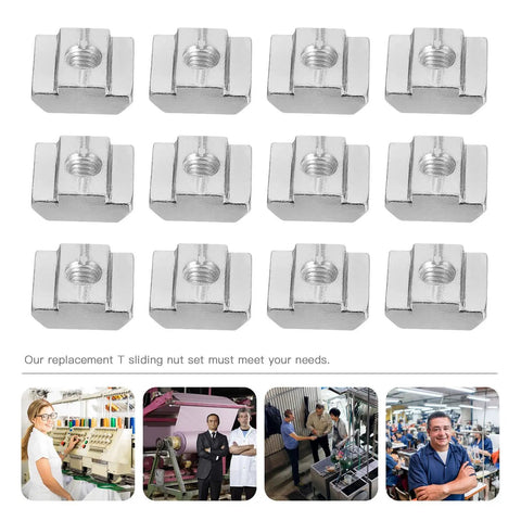 50 Pack T Slot Nuts Carbon Steel Sliding Fasteners For Aluminum Tracks CNC Routers DIY Shop Builds Heavy Duty Drop In Hardware That Stays True No Fuss Workshop Gear, close-up of metal sliding nuts.