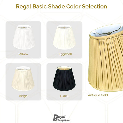 Regal Basic Shade Color Selection with White, Eggshell, Beige, Black, Antique Gold; featuring Deep Empire Gather Pleat Lamp Shade In Antique Gold Silk Type Shantung Fabric With Off White Lining Easy Install 7x10 Top 12.25x18 Bottom 13.25 Inch Tall For A Dope Room Glow