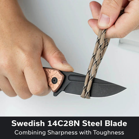 Kickass EDC Folding Knife With Beefy Liner Lock And Sick Copper Drip G10 Handle Featuring Razor Sharp 14C28N Steel Blade in use cutting paracord.