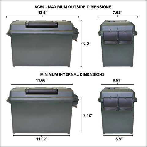 Dimensions of AC3C 3 Can Ammo Crate For 50 Caliber And Multi Caliber Storage Stackable With Large Handles For Easy Carry