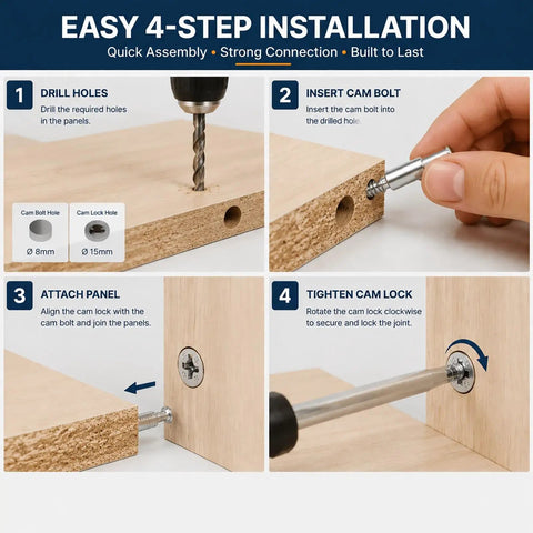 4-step guide for installing 10 Pcs 35mm Cam Bolts for Furniture Assembly and Repair M6 Cam Connector Bolts for Cabinet and Drawer