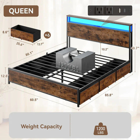 Queen Bed Frame With A Slick Two Tier Storage Headboard And Built In Charging Station Plus Six Roomy Drawers For A Game Changing Sleep Setup And Effortless Daily Flow with dimensions and weight capacity.
