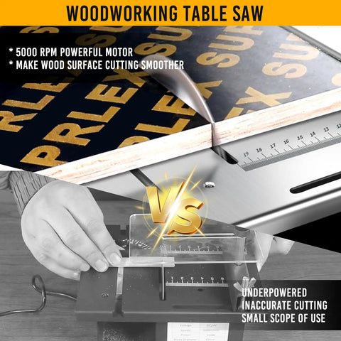 Image comparing a 5000 RPM Portable Table Saw With Dust Port For Connecting Dust Collector to an underpowered saw.