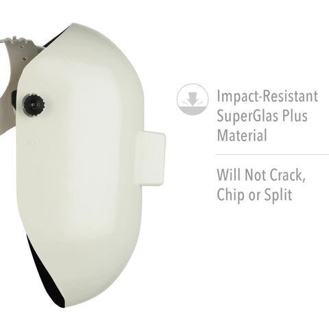 Side view of Pipeliner Fiberglass Welding Helmet with Ratcheting Headgear for Pipe Welders, showcasing impact-resistant material.