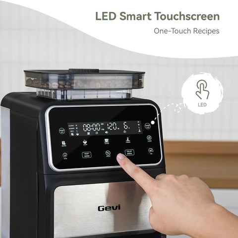 Programmable touchscreen on Grind And Brew 10-Cup Coffee Maker With Built-In Burr Grinder, showcasing one-touch LED settings.