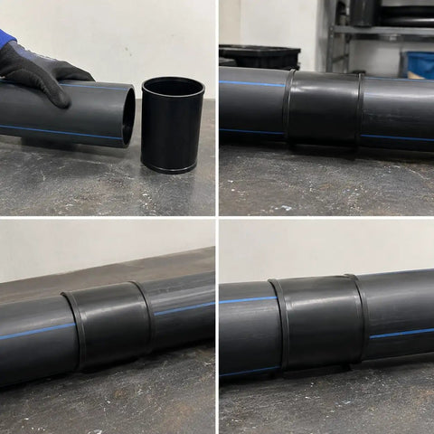 Knock Friction Flat With This Heavy Duty Pe Conduit Connector Straight Shot Socket Coupler For Corrugated Pipe Joining No Heat Required Weatherproof Electrical Cable Guard Smooth Bore Wire Running 160 Mm, showing assembly process of socket coupler with black pipes.