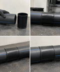 Heavy Duty PE Conduit Coupler For Quick Snap Wiring Setup With No Sweat Cable Pull Inside And Zero Heat Fusion Needed For Underground Utilities And Built Tough Industrial Power Runs, shown connecting black poly pipes.