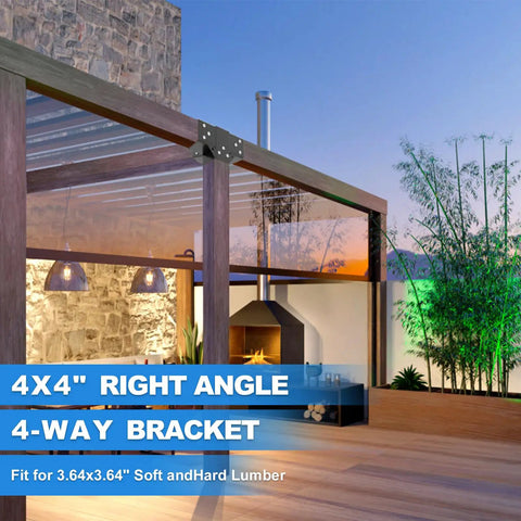 Heavy Duty 4x4 Pergola Bracket Kit With 4 Way Right Angle Elevated Wood Stand installed in outdoor setting with fireplace.