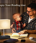 Father and son reading by RGB Smart Table Lamp With Remote Control Alexa Voice And App Control Music Sync Dimmable Nightstand Lamp