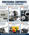 Jaryannix 8 X 32 Inch Benchtop Mini Metal Lathe With 900W Brushless Motor features digital display and 3-jaw chuck components.