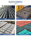 Industrial Brick Making Machine And Cement Block Production Equipment For Workshops Featuring Hella Solid Hydraulics And A No Sweat Build showcasing various block samples including hollow, solid, and pavement blocks.