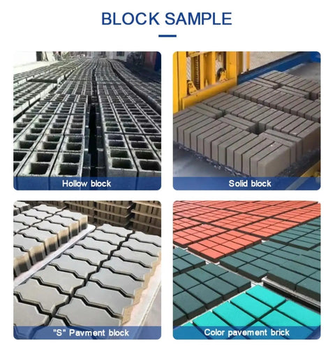 Industrial Brick Making Machine And Cement Block Production Equipment For Workshops Featuring Hella Solid Hydraulics And A No Sweat Build showcasing various block samples including hollow, solid, and pavement blocks.
