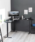 VIVO Electric L Shaped Standing Desk Frame With Height Adjustment For Corner Corner Corner Setup, black steel frame in modern office.