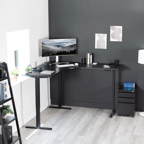 VIVO Electric L Shaped Standing Desk Frame With Height Adjustment For Corner Corner Corner Setup, black steel frame in modern office.