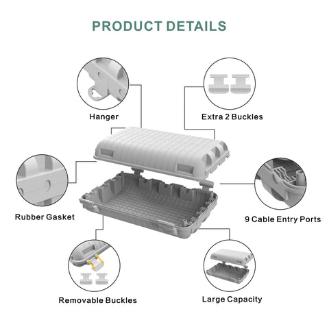 Tough As Nails Outdoor Waterproof Electrical Box, Large Extension Cord Cover With Nine Cable Ports, grey housing features removable buckles.