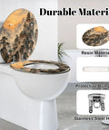 Round Mountain Temple Chinoiserie Sunrise Misty Chinese Ink Toilet Seat on white toilet, showcasing durable resin design and protective bumpers.
