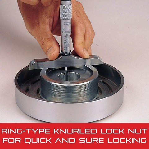 Depth Micrometer With Combination Ratchet And Speeder, Ring Type Locknut, measuring metal part with hand, close-up view.
