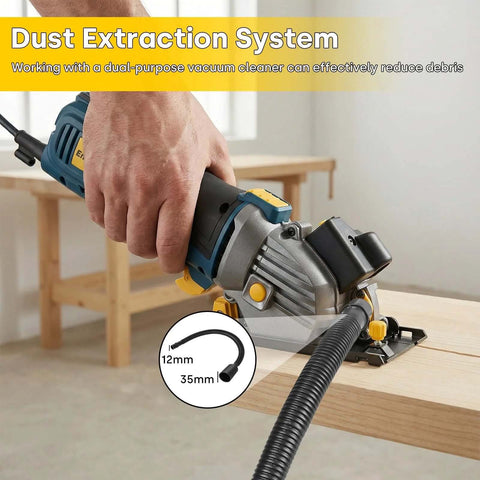 Front view of Enventor mini circular saw, blue and yellow, corded with dust extraction hose for woodworking