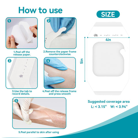 How to use Transparent Film Dressing 50 Pack No Hassle Waterproof Clear Bandages 4 By 5 Inches shown in step-by-step guide