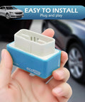 Close-up of Two Pack OBD2 Fuel Saver Upgrade Plug And Plate For Diesel Vehicles in hand, blue color, easy install