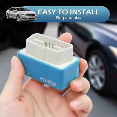 Close-up of Two Pack OBD2 Fuel Saver Upgrade Plug And Plate For Diesel Vehicles in hand, blue color, easy install