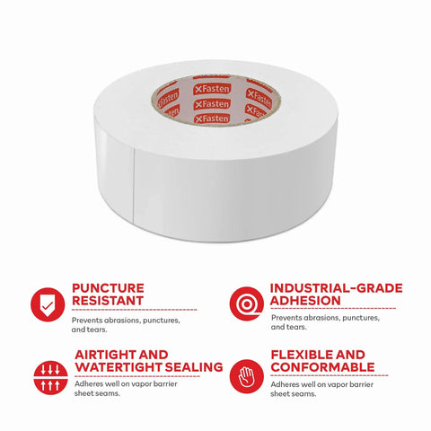 White Vapor Barrier Tape 9 Mil Thick, 3.78-Inch by 60-Yards Waterproof Moisture Barrier With Silicone Adhesive, product view with features