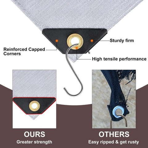Comparison of reinforced grommet corner of Rugged All Weather Heavy Duty Tarp 12 By 16 Ft with a weaker tarp corner.