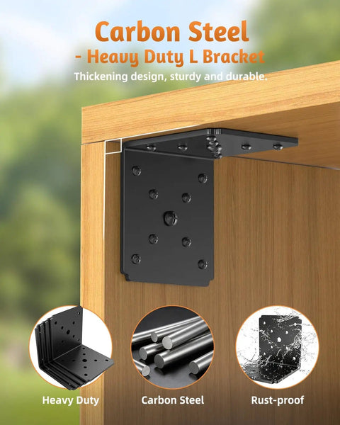 Heavy Duty 4x4x3.5 Black L Brackets For Pergolas 16 Pack 4mm thick carbon steel mounted on wood, reinforced and rust-proof
