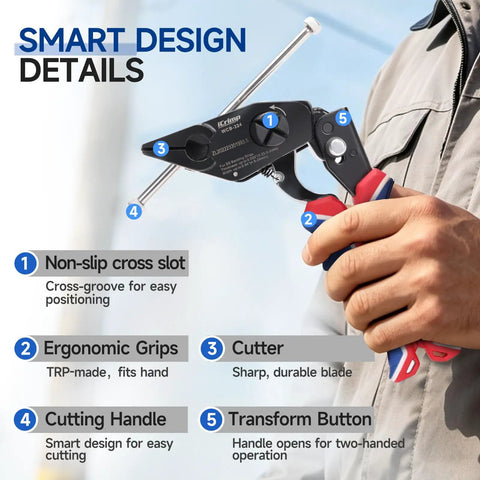 Rugged Steel Strapping Banding Tool Featuring A Quick Pull Tensioner And Inline Cutter For Wrapping Cargo showing ergonomic grips and design details.
